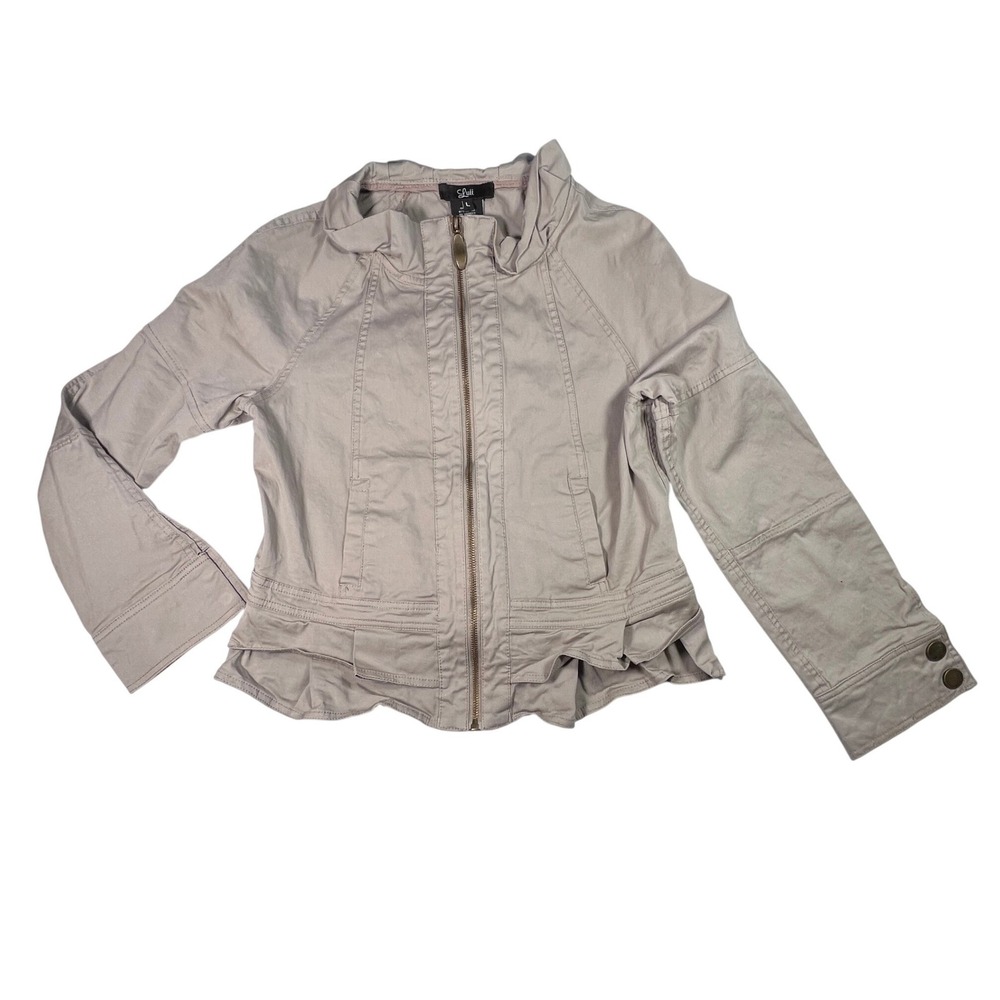 Luii Anthropologie Jacket Womens Large Taupe Beige Ruffle Hem Full Zip Cotton - Picture 2 of 9